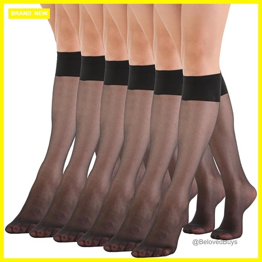 6 Pairs Women's Sheer Knee High Stockings 15D Silky Stay-Put Band